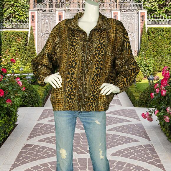 90s Vintage Cheetah Animal Print Windbreaker Silk Bomber Jacket L - Picture 1 of 7